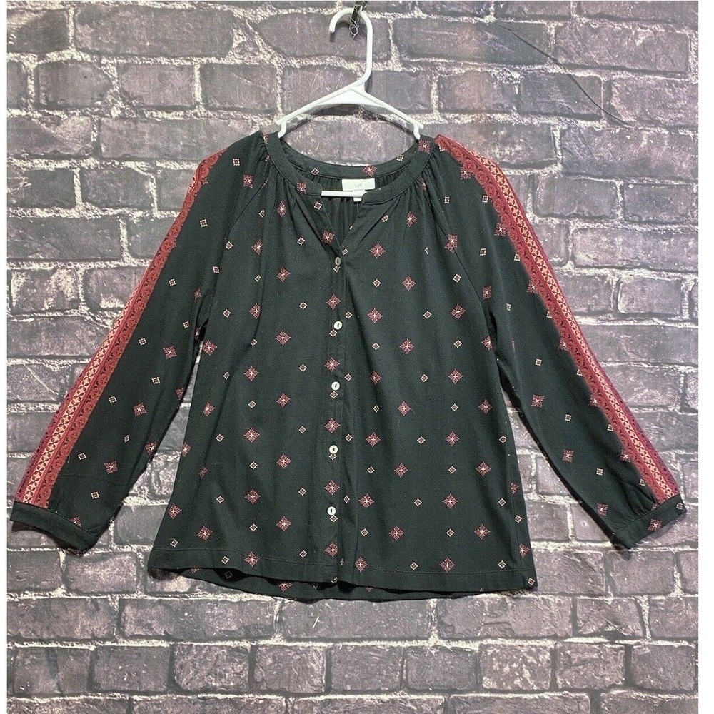 J Jill Blouse Black Pink Diamond Button Front Crochet Lace Shoulder Top NWT Boho